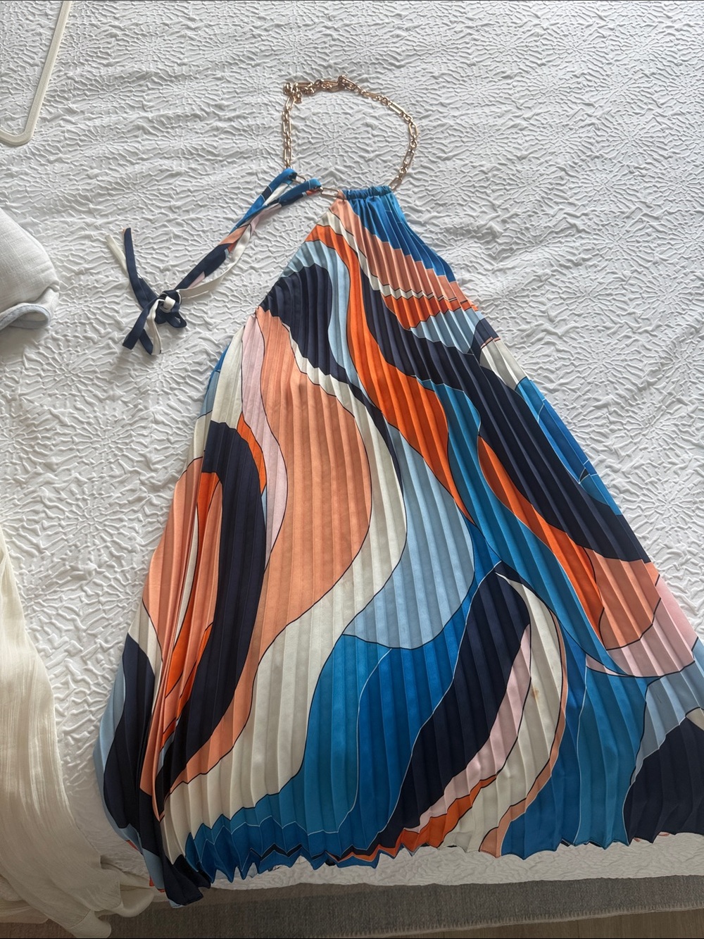 Colorful Pleated Halter Dress with Chain Neck Tie